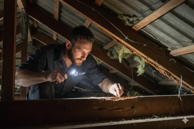 Timber pest inspection inside a roof space