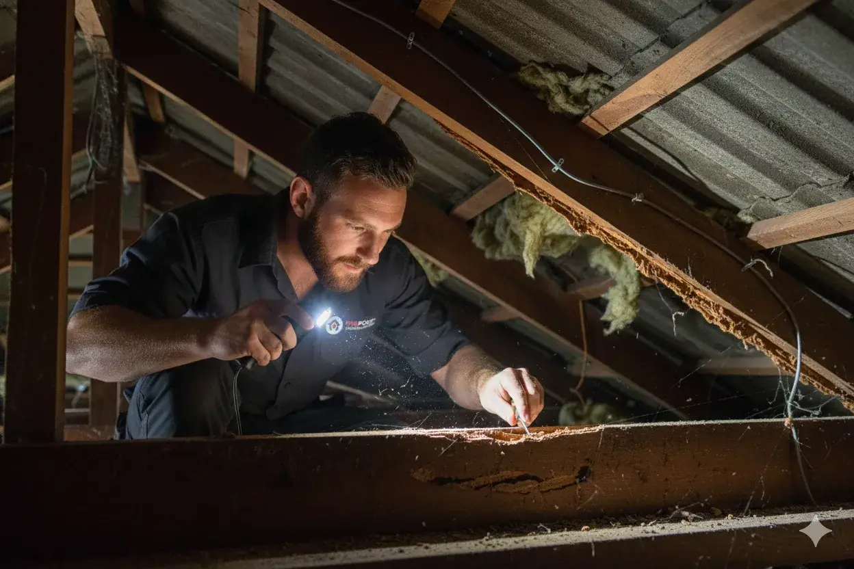 Timber pest inspection inside a roof space