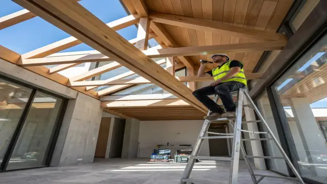 Building inspector assessing timber framing
