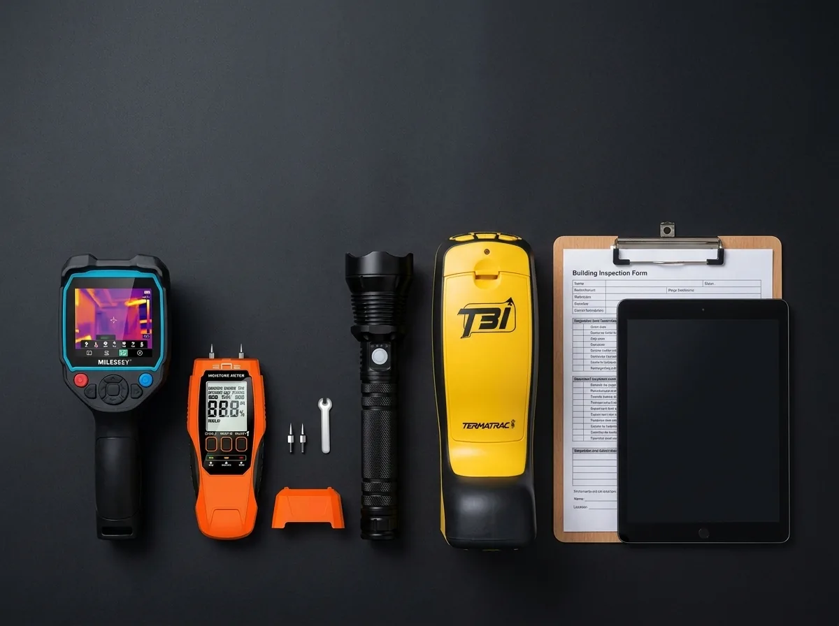 Thermal camera, moisture meter, torch, Termatrac and inspection reporting equipment