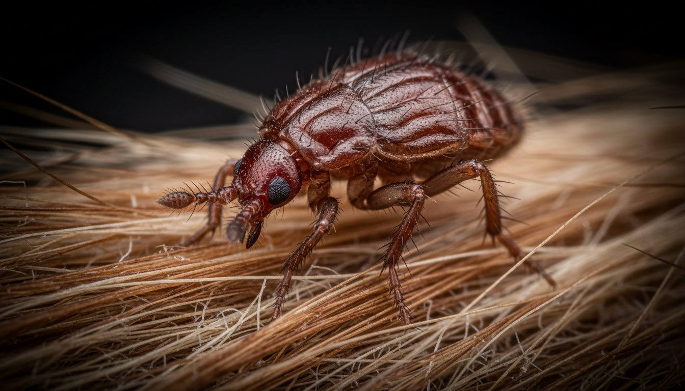 Macro close-up of flea on carpet fibres - professional flea control Perth