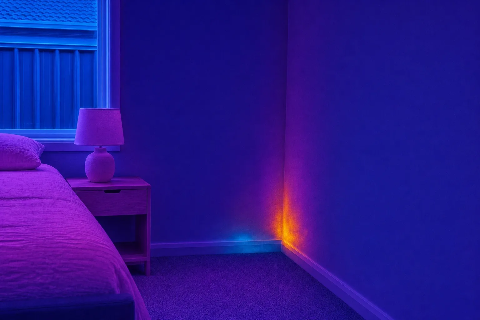 Infrared view of a furnished bedroom showing a concealed moisture anomaly near the wall corner